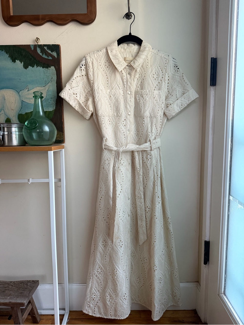 Sézane Adele Ecru Eyelet Embroidered Midi Shirt Dress Size 36 / US 4